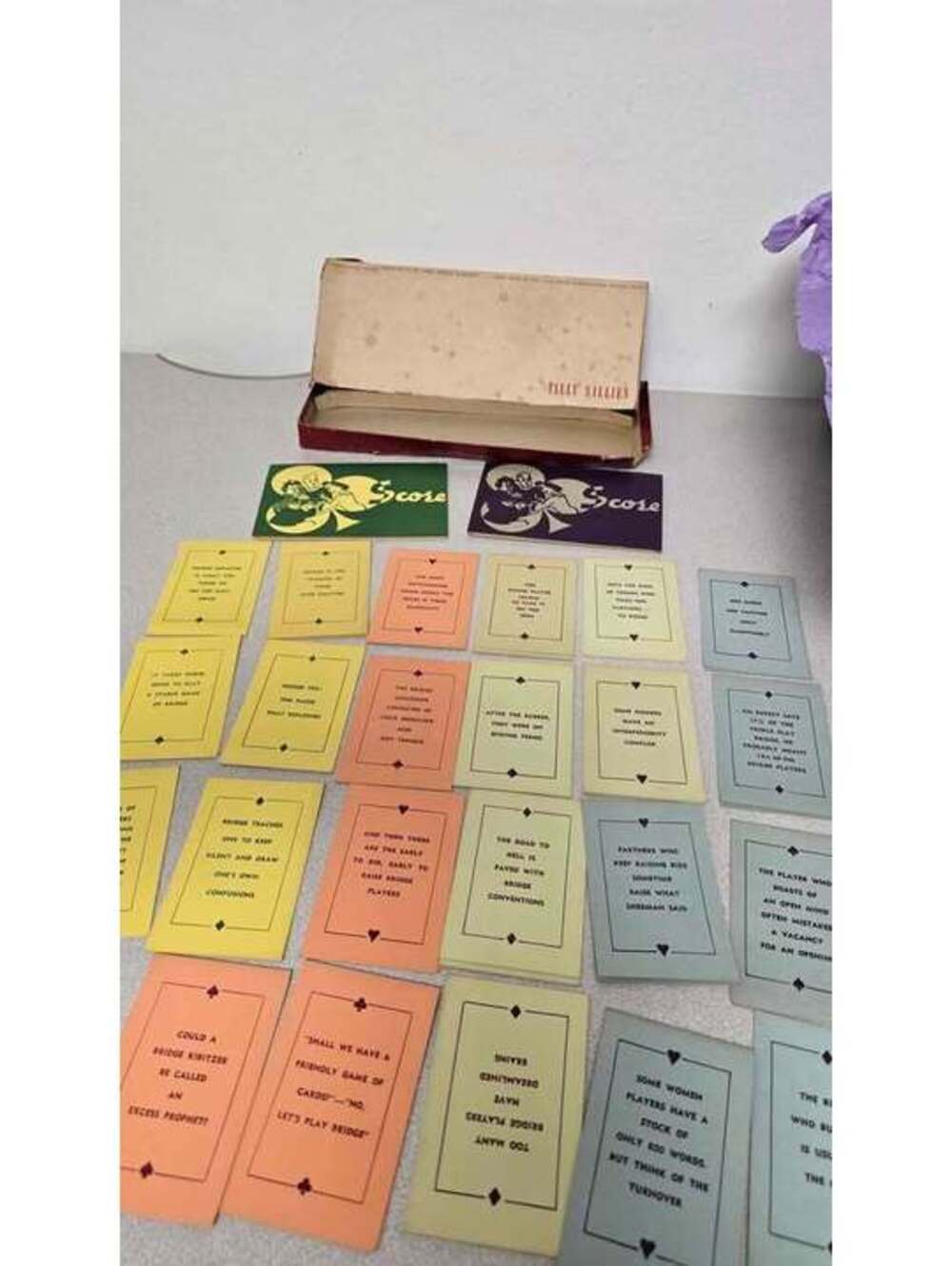 Vintage 1930s Tally Sallies Bridge Score Set Humor Cards w/ Box Complete